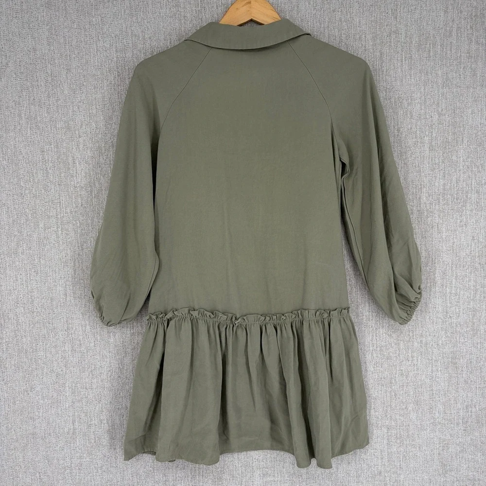 Zara Drop Waist Ruffle Hem Shirt Dress Girls 13-14 Olive Green Long Sleeve
